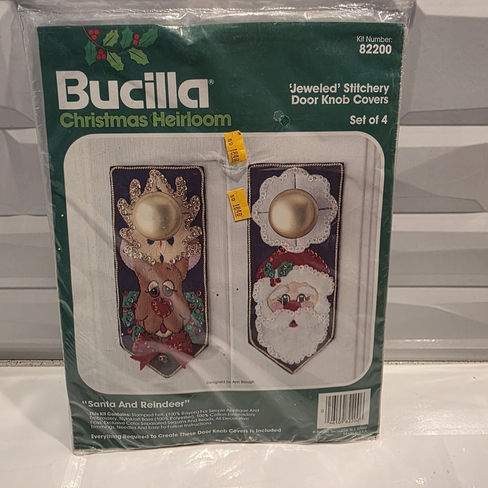 VTG Bucilla Christmas Heirloom #82200 "Santa & Reindeer" Felt Door Knob Covers